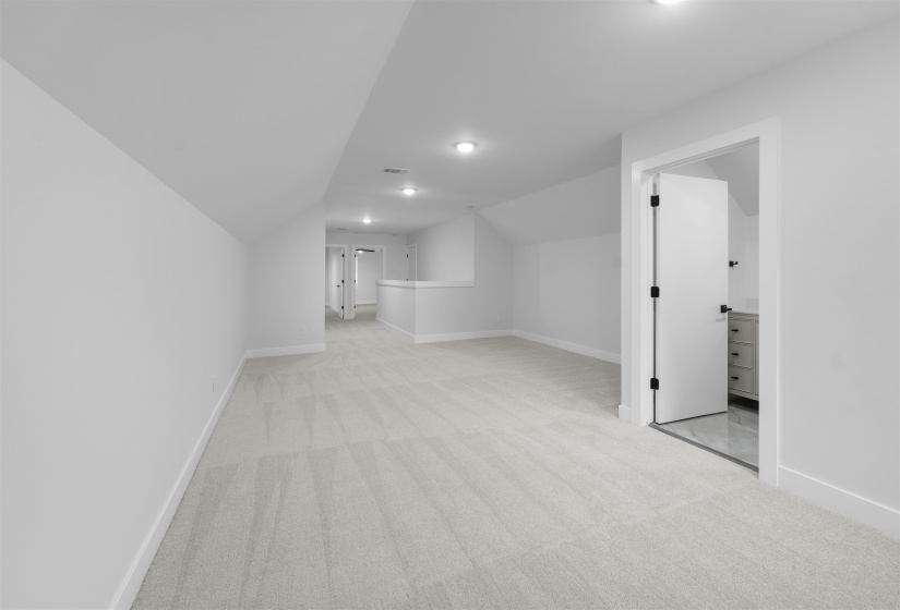 Bonus room featuring light colored carpet and vaulted ceiling