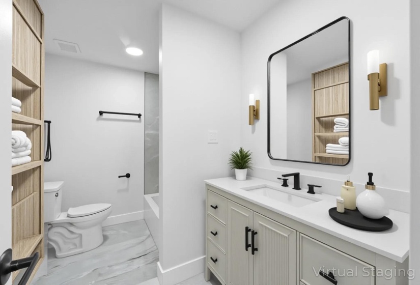 Bathroom with vanity and washtub / shower combination