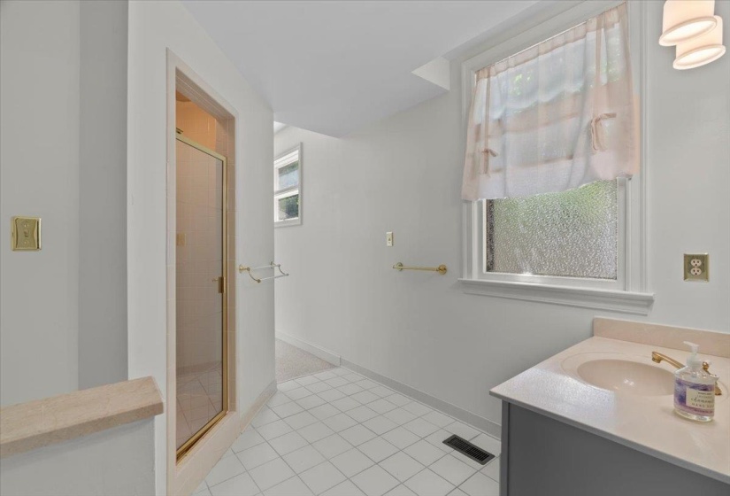 Full bath featuring a shower stall, tile patterned floors, and vanity
