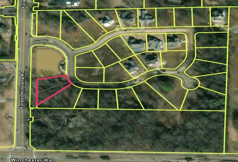 Aerial map of property and surrounding area with property boundaries highlighted