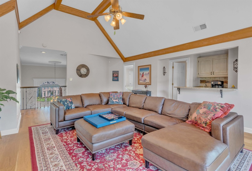 Vaulted ceiling with exposed wood beams