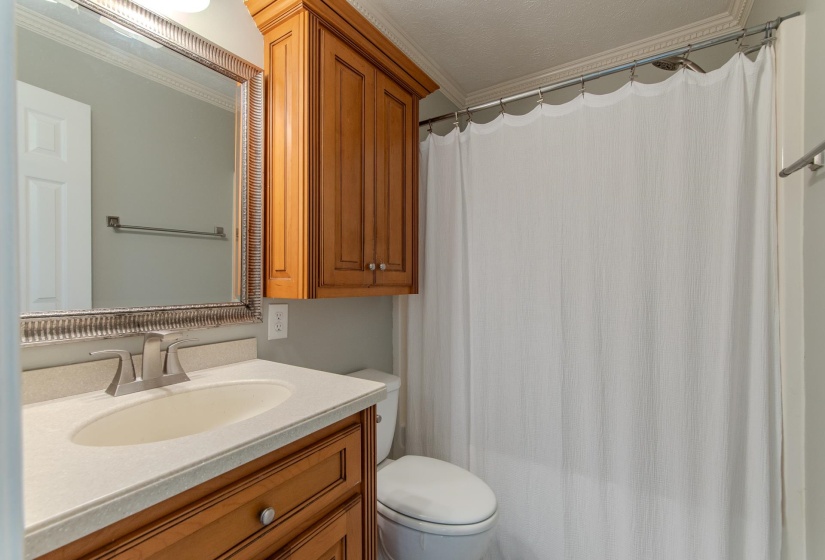 Bathroom with vanity, ornamental molding, and a shower with curtain