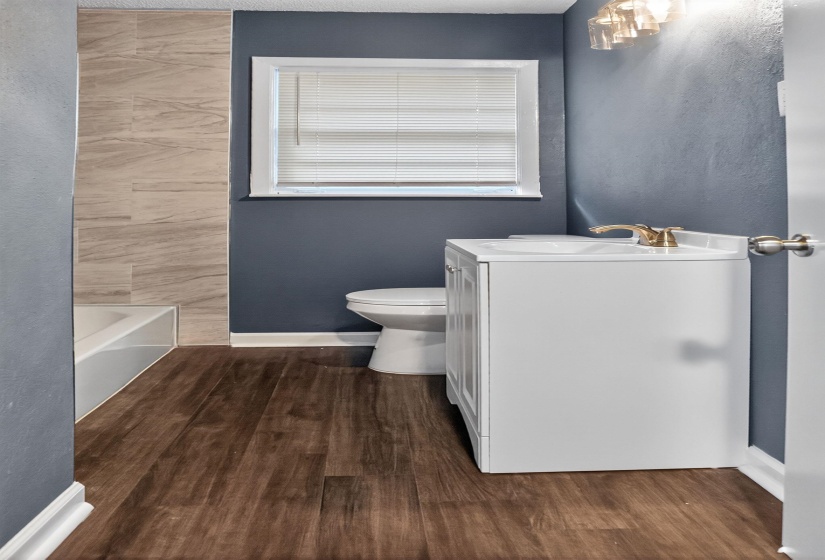 Full bathroom with dark wood finished floors and vanity