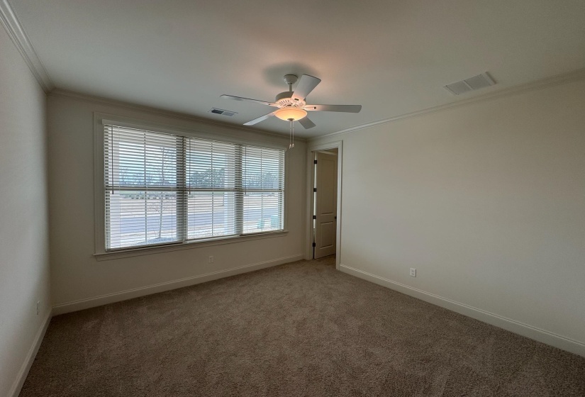 Carpeted spare room with crown molding and ceiling fan