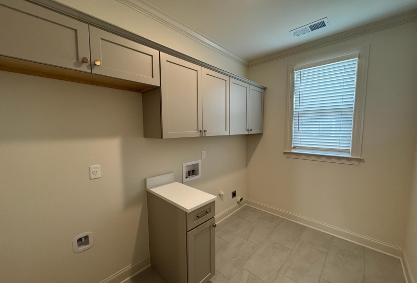Laundry area with hookup for a washing machine, ornamental molding, hookup for an electric dryer, gas dryer hookup, and cabinet space