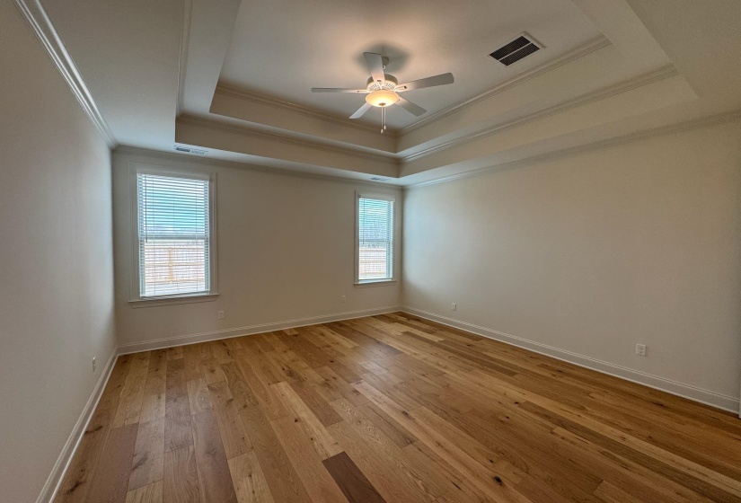 Unfurnished room featuring light wood-style flooring, a ceiling fan, ornamental molding, and a tray ceiling