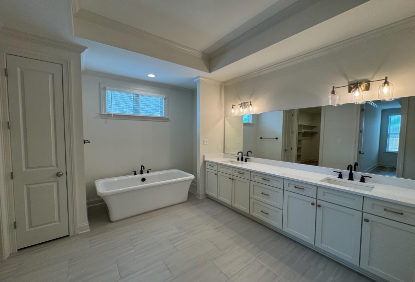 Bathroom featuring double vanity, ornamental molding, a freestanding tub, a spacious closet, and recessed lighting