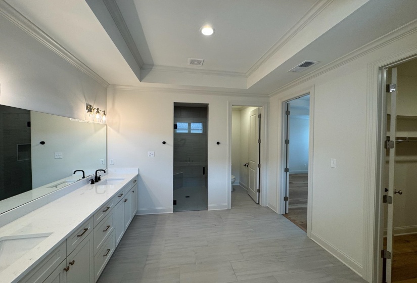Full bathroom with double vanity, a stall shower, crown molding, and a raised ceiling