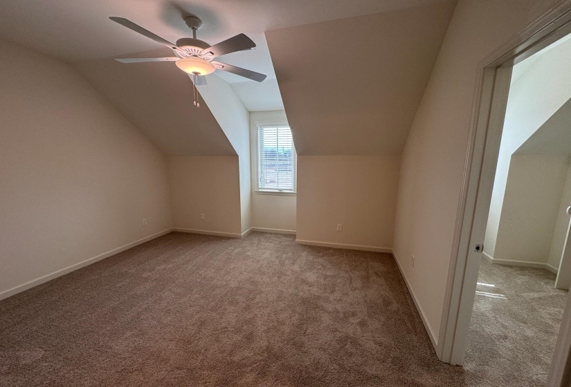 Bonus room featuring lofted ceiling, ceiling fan, and carpet floors