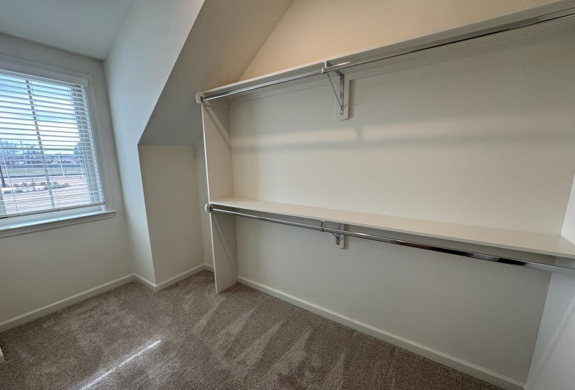 Walk in closet with light carpet and lofted ceiling