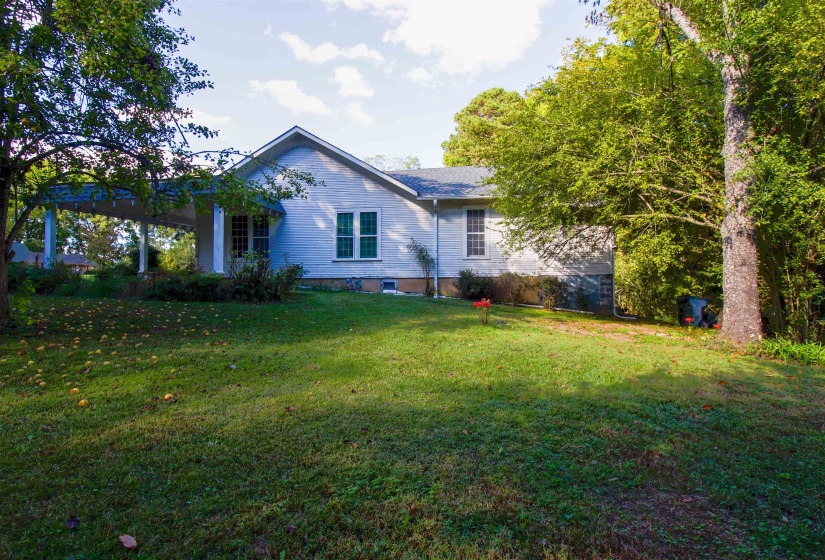 Back of house with a yard and fruit trees