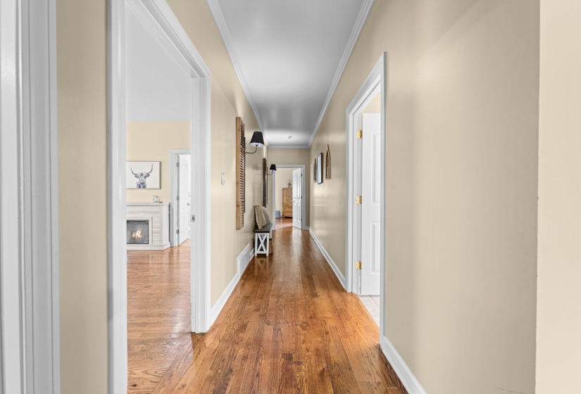 Corridor with wood finished floors, crown molding, and baseboards
