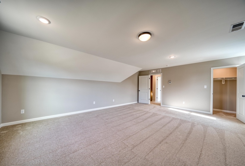 Bonus room with light colored carpet and lofted ceiling