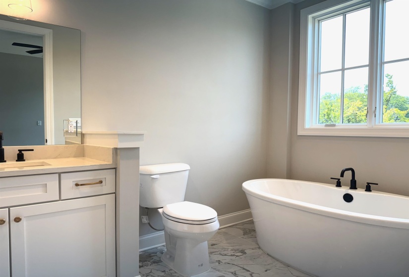 Full bathroom featuring a freestanding bath, vanity, and light marble finish flooring