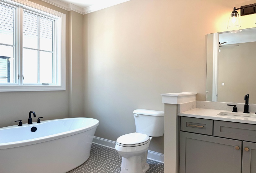 Full bathroom with a freestanding bath, tile patterned floors, vanity, and crown molding