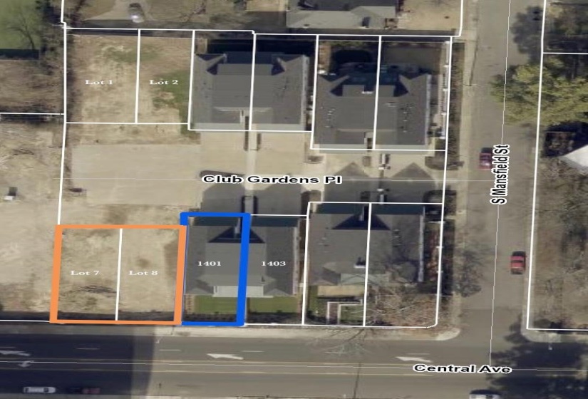 Aerial overview of property's location with property parcel outlined