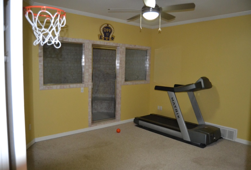 Exercise area with crown molding, carpet floors, and a ceiling fan