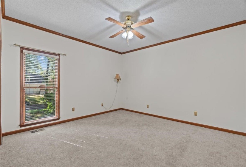 Empty room featuring ornamental molding, carpet, a textured ceiling, and ceiling fan
