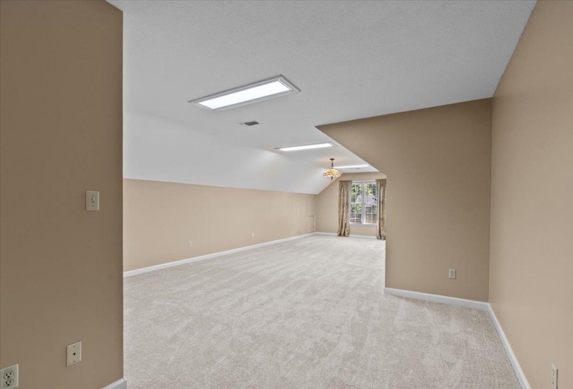 Additional living space with vaulted ceiling and light colored carpet