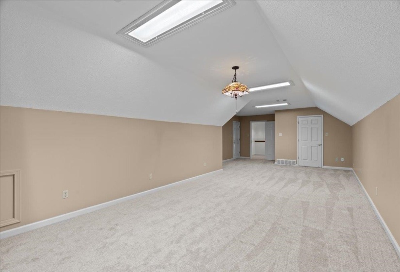 Additional living space featuring carpet, lofted ceiling, and a textured ceiling