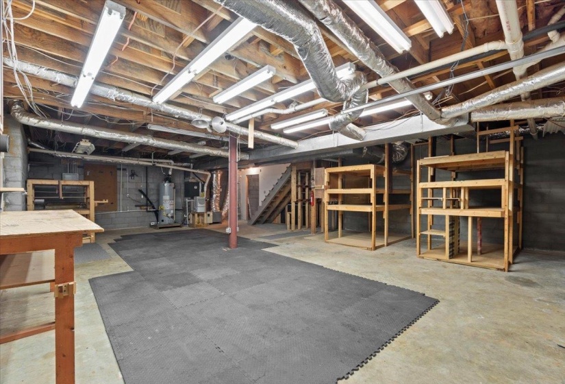Unfinished below grade area featuring stairs and gas water heater