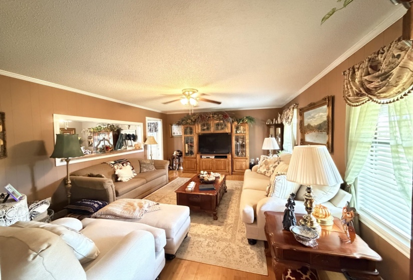 Living room featuring ornamental molding, a textured ceiling, wood finished floors, and ceiling fan