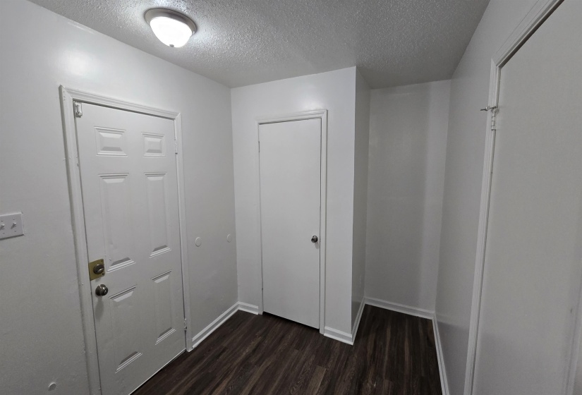 Foyer entrance featuring dark wood finished floors and a textured ceiling