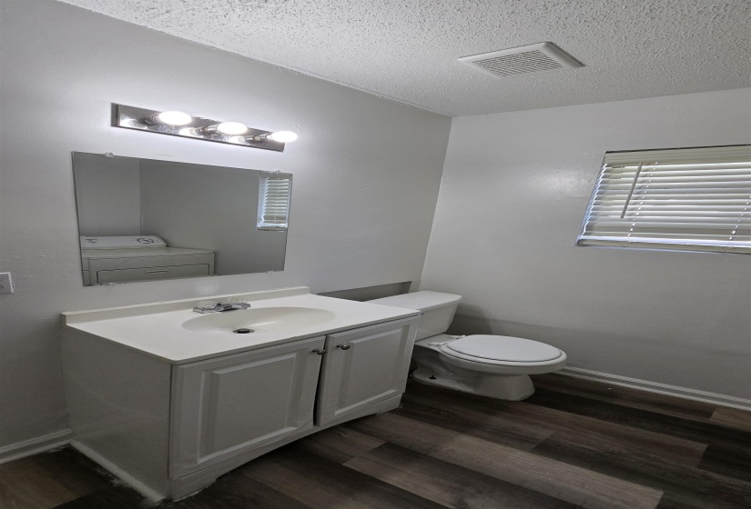Half bath featuring dark wood-type flooring, a textured ceiling, and vanity