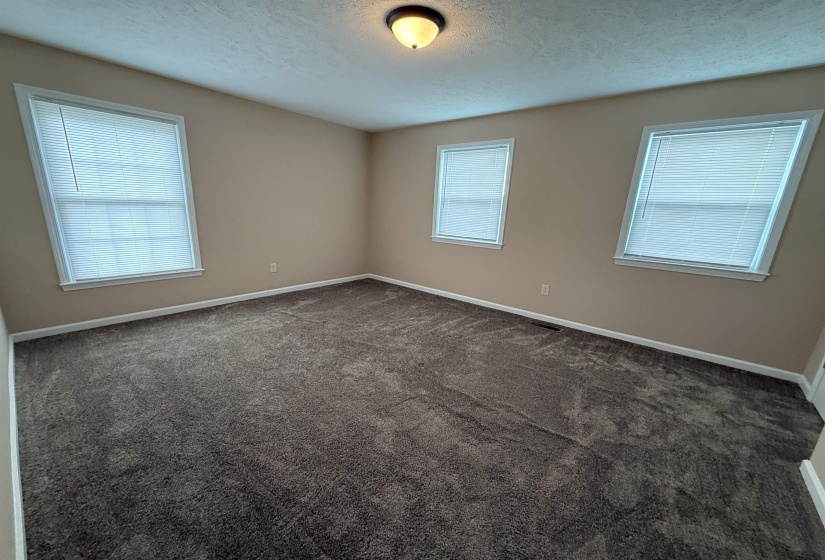 Empty room featuring healthy amount of natural light, a textured ceiling, and dark carpet