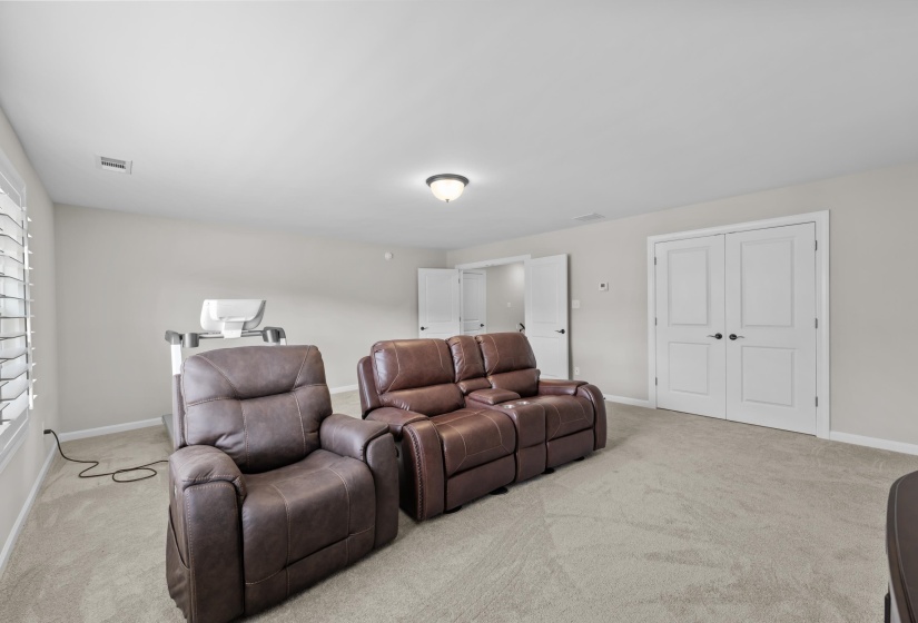 Carpeted cinema room with healthy amount of natural light