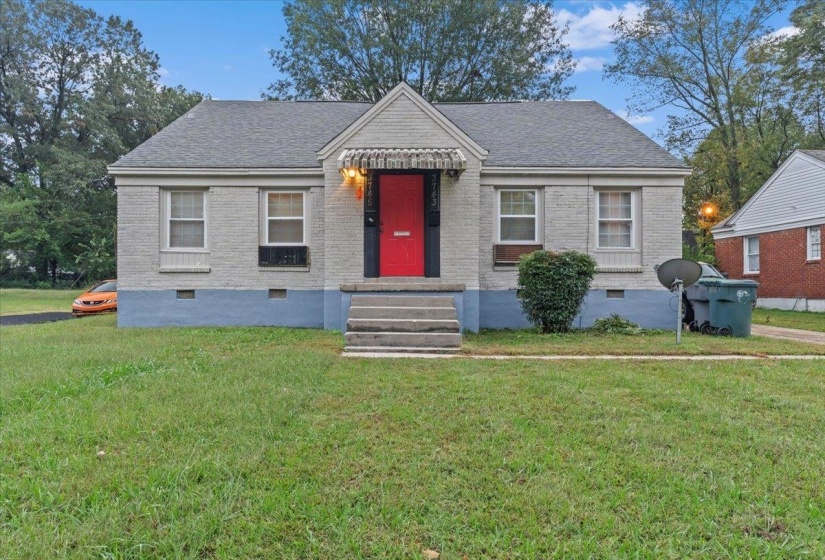 Bungalow-style house featuring crawl space, a front yard, brick siding, and roof with shingles