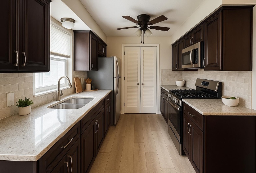 Kitchen with stainless steel appliances, a sink, ceiling fan, and dark brown cabinetry