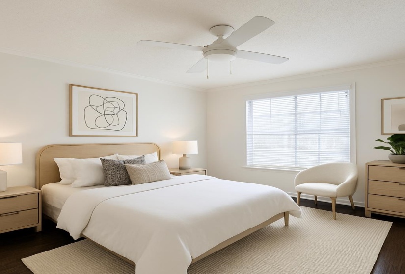 Bedroom with ornamental molding, dark wood-style flooring, ceiling fan, and baseboards