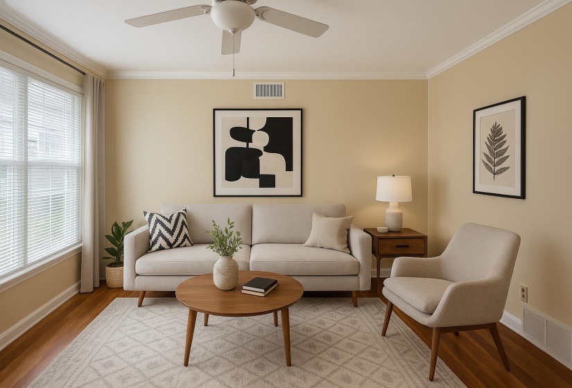 Living area featuring baseboards, light wood-style flooring, crown molding, plenty of natural light, and ceiling fan