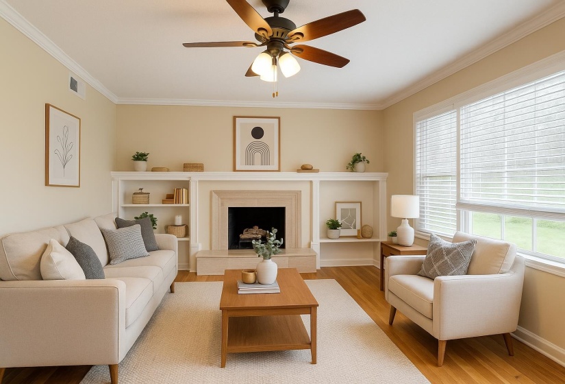 Living area with light wood finished floors, ornamental molding, a fireplace with raised hearth, a ceiling fan, and baseboards