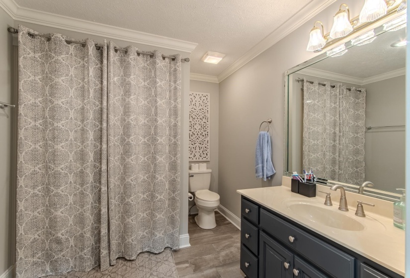 Full bathroom featuring crown molding, vanity, dark wood-style flooring, a shower with curtain, and a textured ceiling