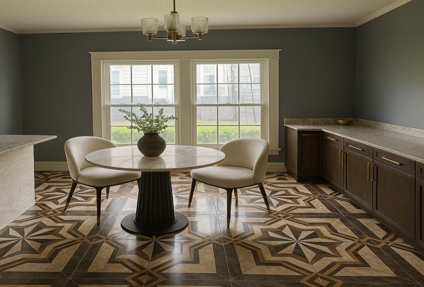 Dining space with a chandelier, baseboards, and ornamental molding