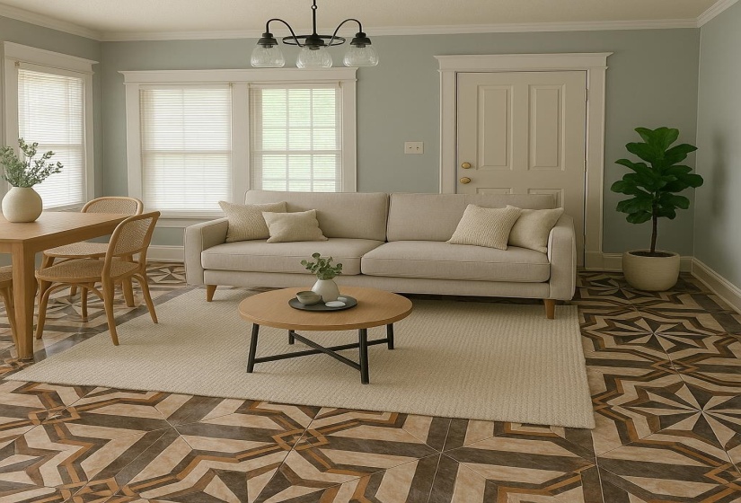 Living area with baseboards, crown molding, and a chandelier
