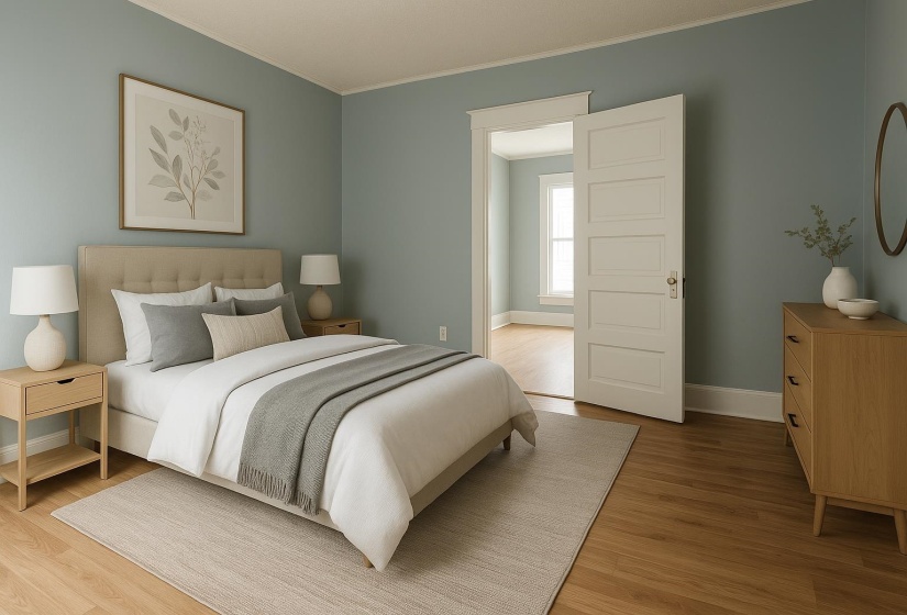 Bedroom with crown molding, light wood finished floors, and baseboards