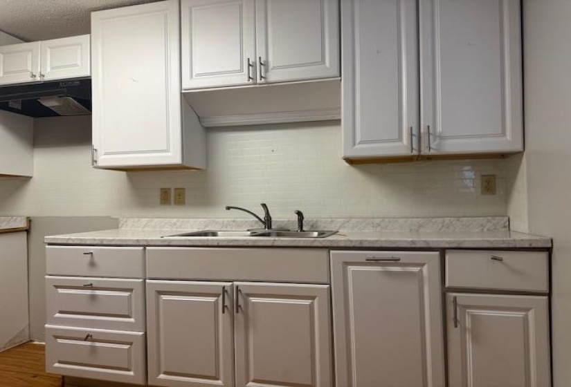 Kitchen featuring exhaust hood, white cabinetry, wood finished floors, and backsplash