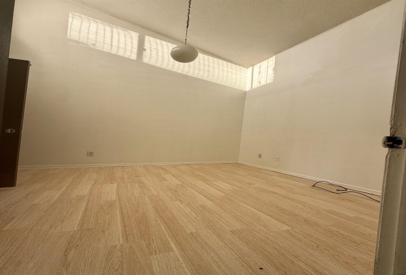 Spare room featuring light wood-style floors, a textured ceiling, and lofted ceiling