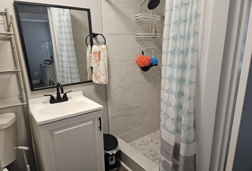 Full bath featuring a shower stall and vanity