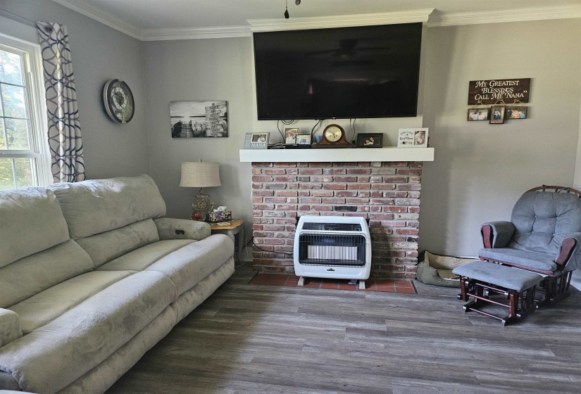 Living area featuring ornamental molding, wood finished floors, and heating unit