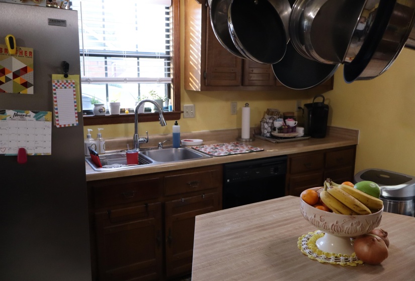 Kitchen featuring freestanding refrigerator, dishwasher, dark brown cabinetry, and light countertops