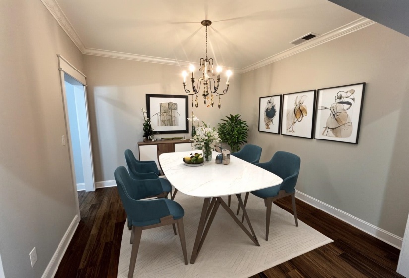 Dining area featuring crown molding, dark wood-style flooring, and a chandelier