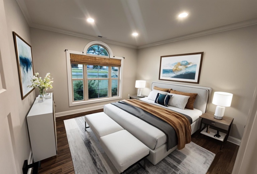 Bedroom with crown molding, dark wood-style flooring, and recessed lighting