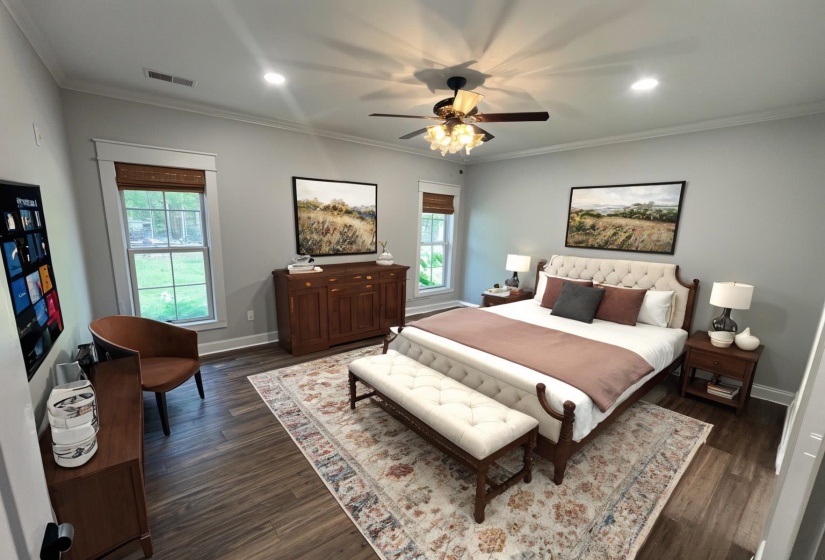 Bedroom with recessed lighting, crown molding, ceiling fan, and dark wood-style floors