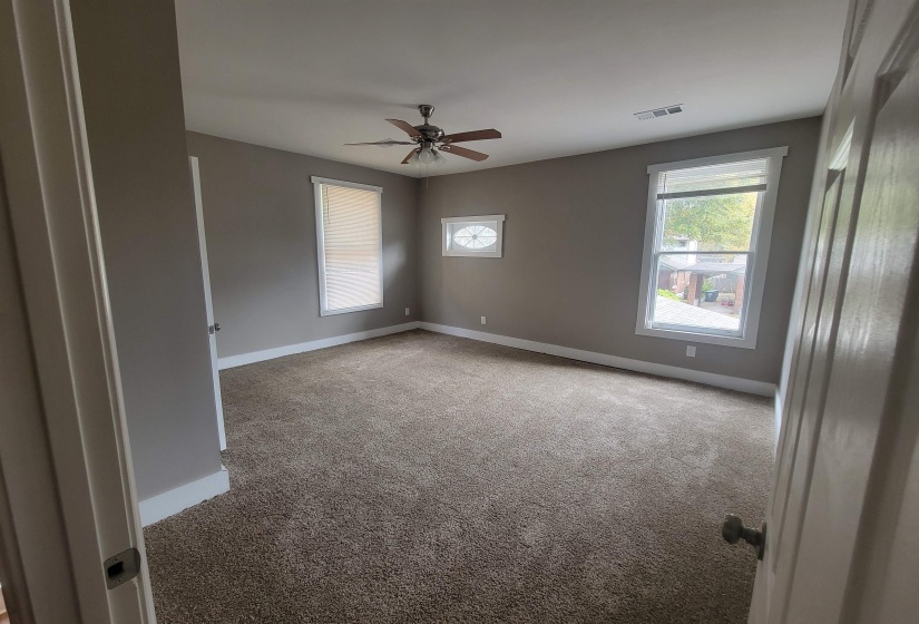Unfurnished room featuring light colored carpet, healthy amount of natural light, and ceiling fan