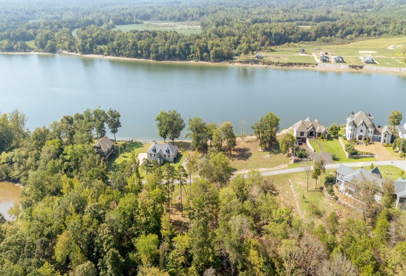 Aerial view of a nearby body of water and a forest
