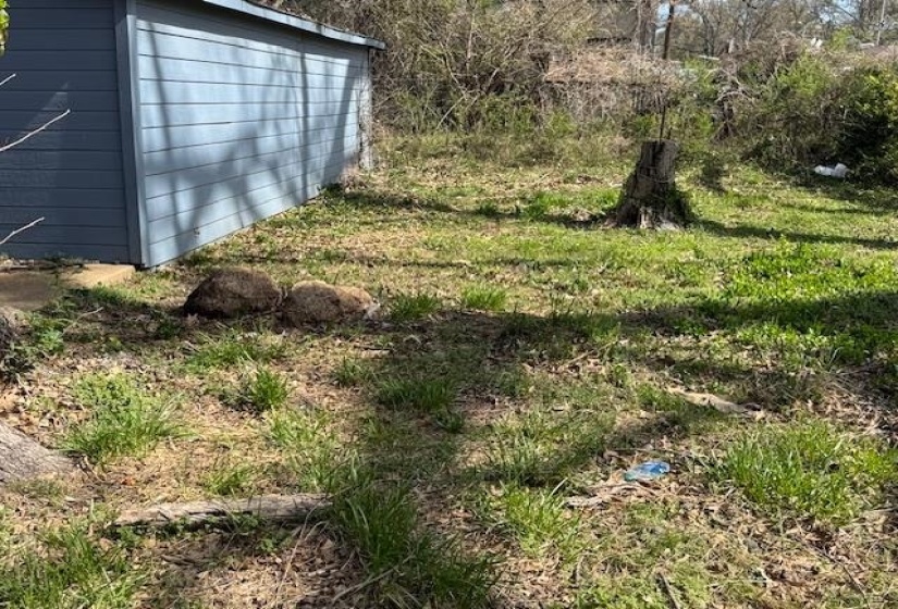 View of yard featuring a storage unit and an outbuilding